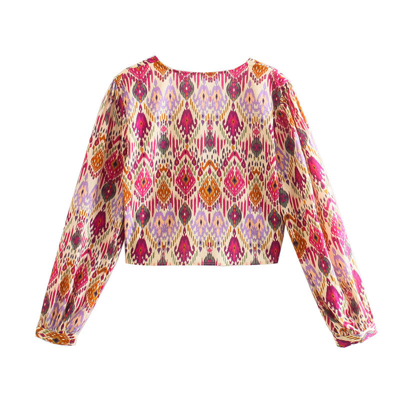 Print Skirt Shorts Woman Floral Top Long Sleeve Knot Crop Top Suits