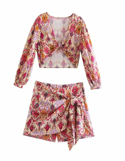 Load image into Gallery viewer, Print Skirt Shorts Woman Floral Top Long Sleeve Knot Crop Top Suits
