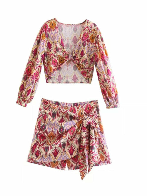 Print Skirt Shorts Woman Floral Top Long Sleeve Knot Crop Top Suits