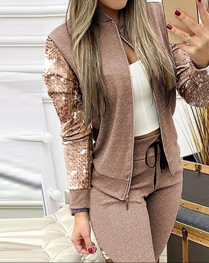 Two Piece Sets Womens Outifits Casual Long Sleeve Contrast Sequins