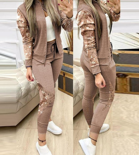 Two Piece Sets Womens Outifits Casual Long Sleeve Contrast Sequins