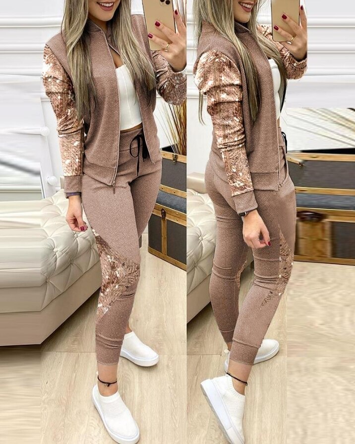 Two Piece Sets Womens Outifits Casual Long Sleeve Contrast Sequins