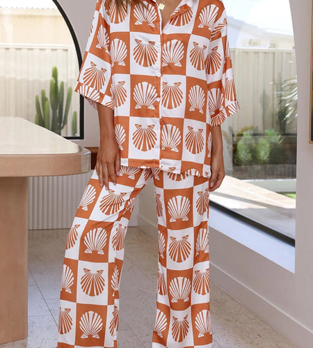 V Neck Button Shirt And Pants Print Set