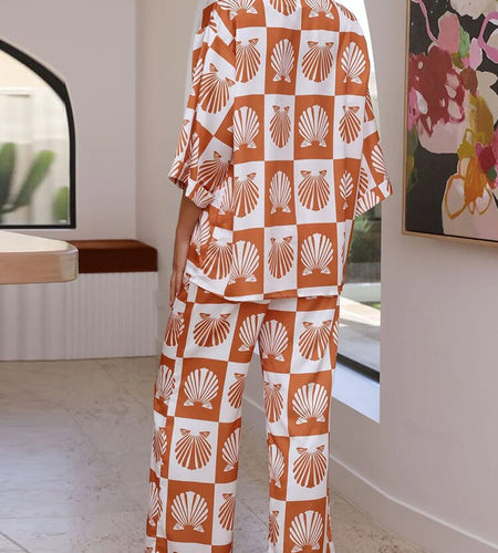 V Neck Button Shirt And Pants Print Set