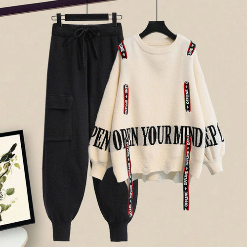 Load image into Gallery viewer, Winter New Ribbon Knitting Sweater Pullover Casual Overalls Two piece
