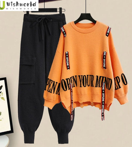 Winter New Ribbon Knitting Sweater Pullover Casual Overalls Two piece