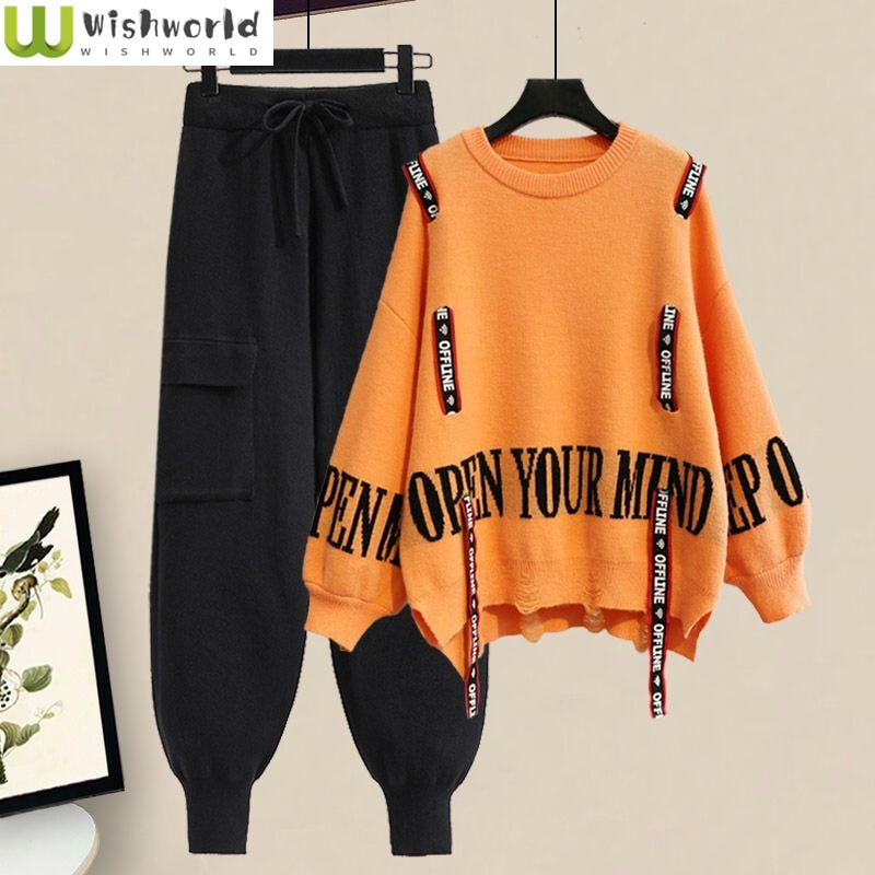 Winter New Ribbon Knitting Sweater Pullover Casual Overalls Two piece