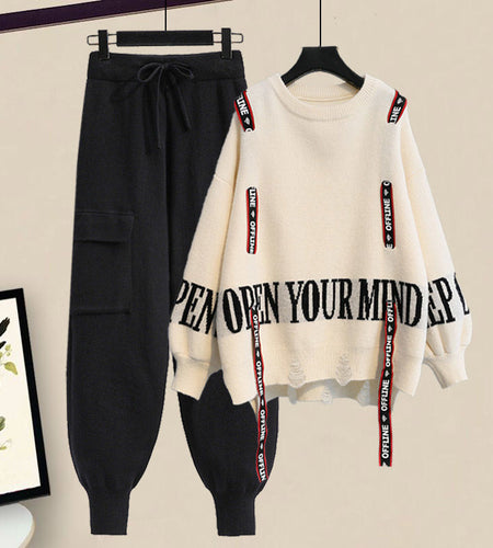 Winter New Ribbon Knitting Sweater Pullover Casual Overalls Two piece