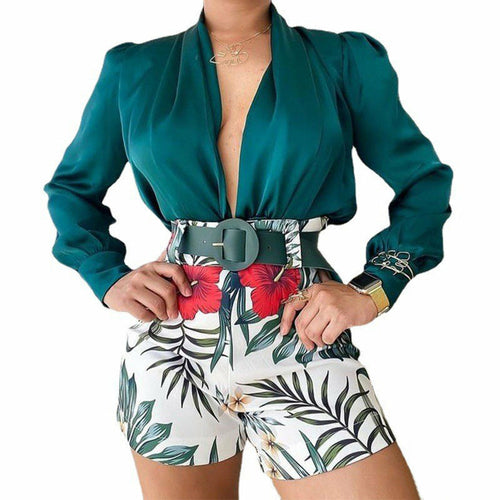 Long Sleeve Shirts Print Shorts 2 Piece Sashes All-match Shirt Short