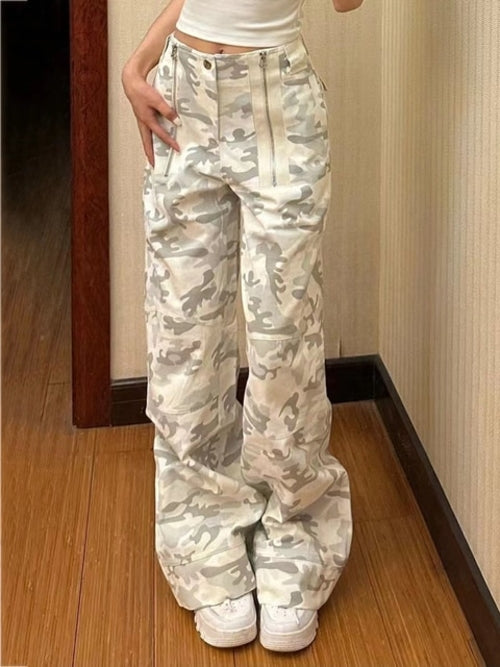 Women Casual Gray Camouflage Cargo Pants Y2k Spring Autumn 2023 Mid