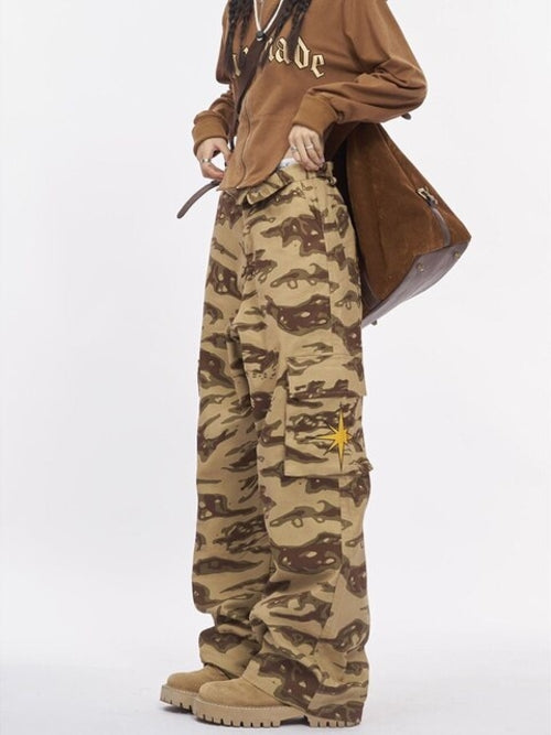 Women Casual Gray Camouflage Cargo Pants Y2k Spring Autumn 2023 Mid