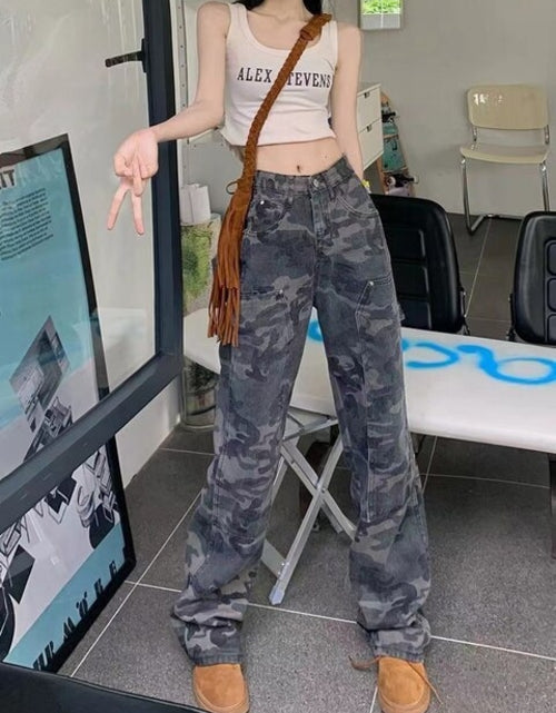 Load image into Gallery viewer, Women Casual Gray Camouflage Cargo Pants Y2k Spring Autumn 2023 Mid
