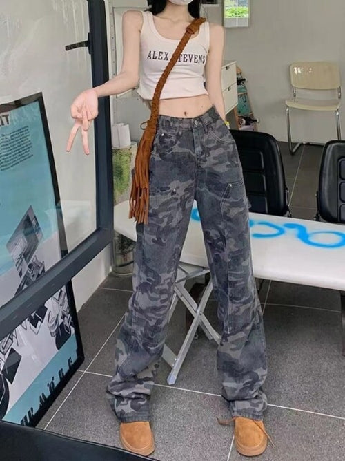 Women Casual Gray Camouflage Cargo Pants Y2k Spring Autumn 2023 Mid