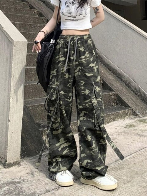 Women Casual Gray Camouflage Cargo Pants Y2k Spring Autumn 2023 Mid