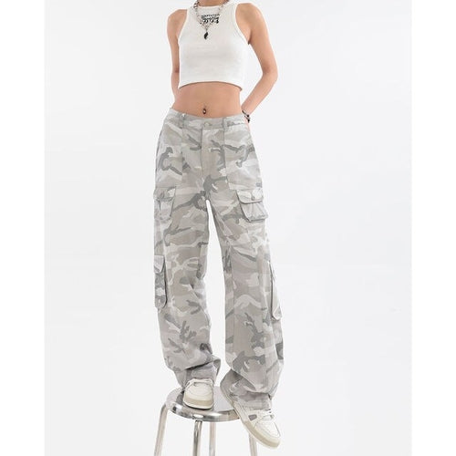 Women Casual Gray Camouflage Cargo Pants Y2k Spring Autumn 2023 Mid