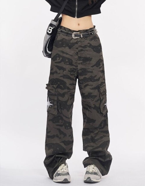 Load image into Gallery viewer, Women Casual Gray Camouflage Cargo Pants Y2k Spring Autumn 2023 Mid
