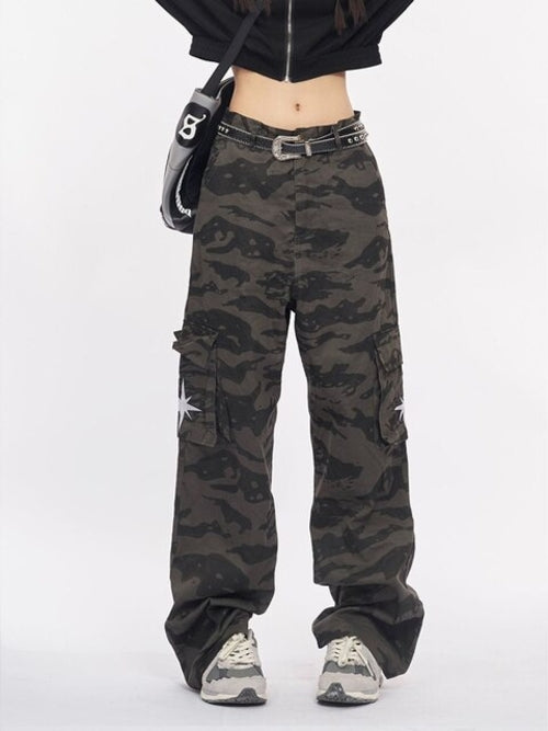 Women Casual Gray Camouflage Cargo Pants Y2k Spring Autumn 2023 Mid