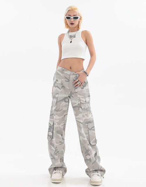 Load image into Gallery viewer, Women Casual Gray Camouflage Cargo Pants Y2k Spring Autumn 2023 Mid
