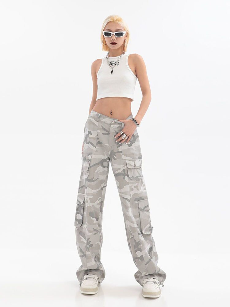 Women Casual Gray Camouflage Cargo Pants Y2k Spring Autumn 2023 Mid