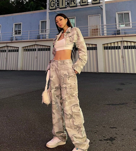 Women Casual Gray Camouflage Cargo Pants Y2k Spring Autumn 2023 Mid