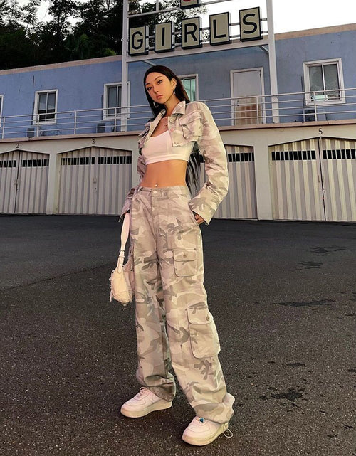 Load image into Gallery viewer, Women Casual Gray Camouflage Cargo Pants Y2k Spring Autumn 2023 Mid
