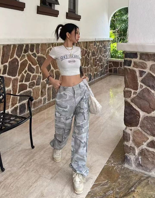 Load image into Gallery viewer, Women Casual Gray Camouflage Cargo Pants Y2k Spring Autumn 2023 Mid
