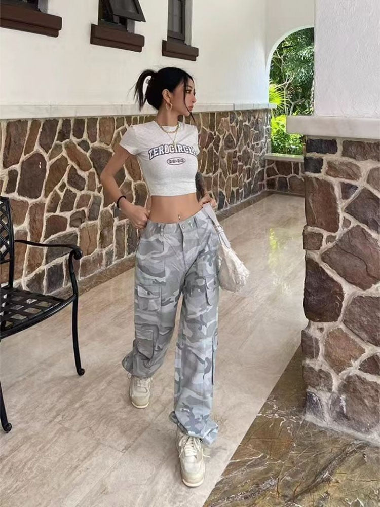 Women Casual Gray Camouflage Cargo Pants Y2k Spring Autumn 2023 Mid