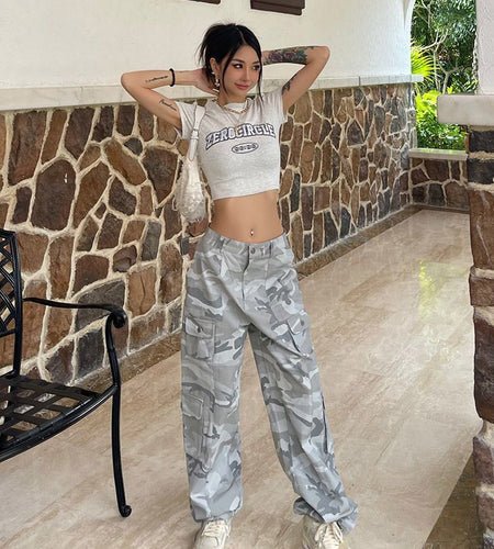 Women Casual Gray Camouflage Cargo Pants Y2k Spring Autumn 2023 Mid