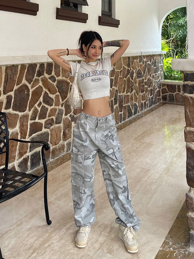 Women Casual Gray Camouflage Cargo Pants Y2k Spring Autumn 2023 Mid