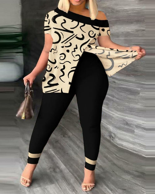 Load image into Gallery viewer, Off Shoulder Short Sleeve Split T-Shirt Top and Leggings Slim Pants
