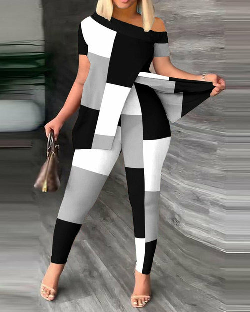 Load image into Gallery viewer, Off Shoulder Short Sleeve Split T-Shirt Top and Leggings Slim Pants
