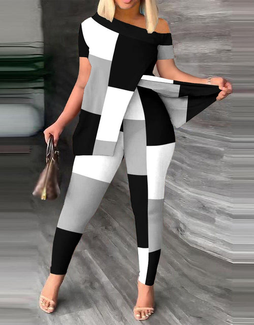 Load image into Gallery viewer, Off Shoulder Short Sleeve Split T-Shirt Top and Leggings Slim Pants
