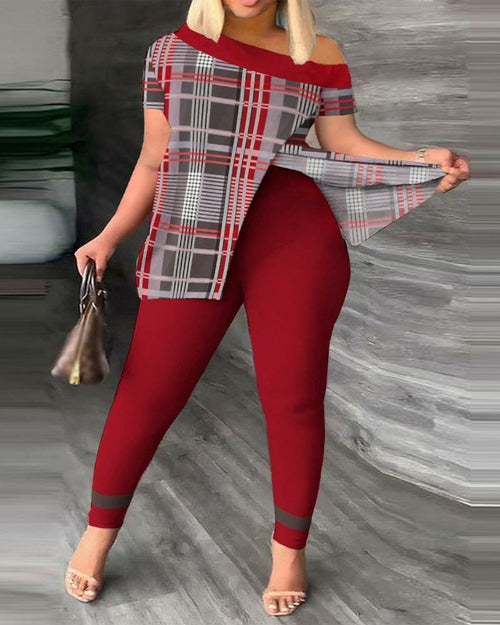 Load image into Gallery viewer, Off Shoulder Short Sleeve Split T-Shirt Top and Leggings Slim Pants
