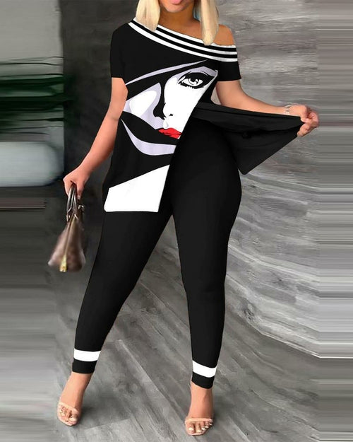 Load image into Gallery viewer, Off Shoulder Short Sleeve Split T-Shirt Top and Leggings Slim Pants
