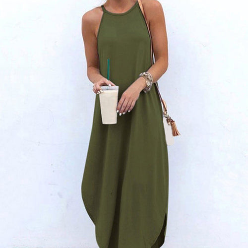 Women Dress Summer 2021 Casual Sleeveless Retro Halter Solid Beach