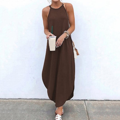 Women Dress Summer 2021 Casual Sleeveless Retro Halter Solid Beach