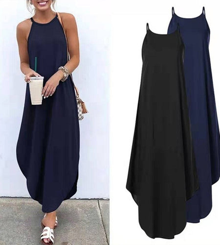 Women Dress Summer 2021 Casual Sleeveless Retro Halter Solid Beach