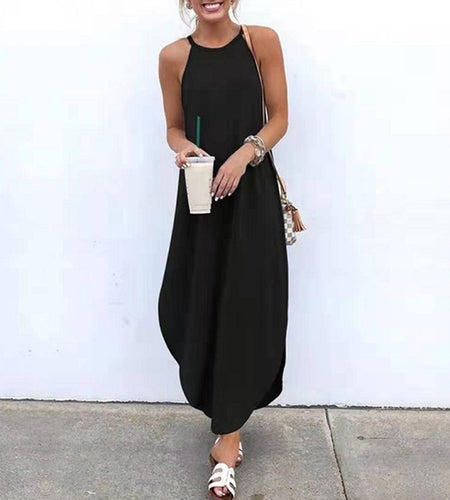 Women Dress Summer 2021 Casual Sleeveless Retro Halter Solid Beach
