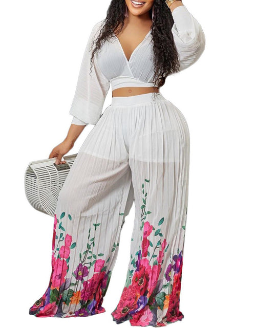 Load image into Gallery viewer, Chiffon Pleated Crop Tops &amp; Long Trousers Printed Outfits
