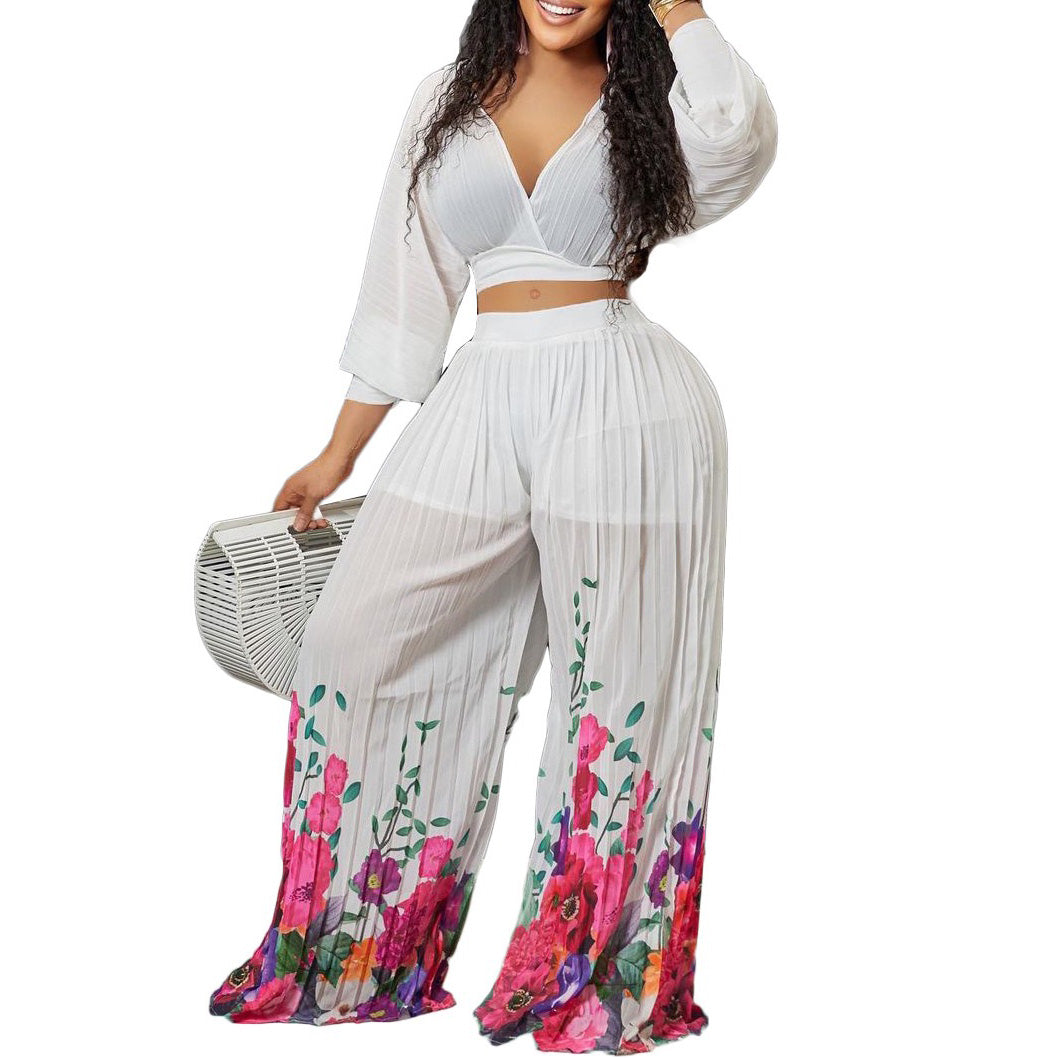 Chiffon Pleated Crop Tops & Long Trousers Printed Outfits