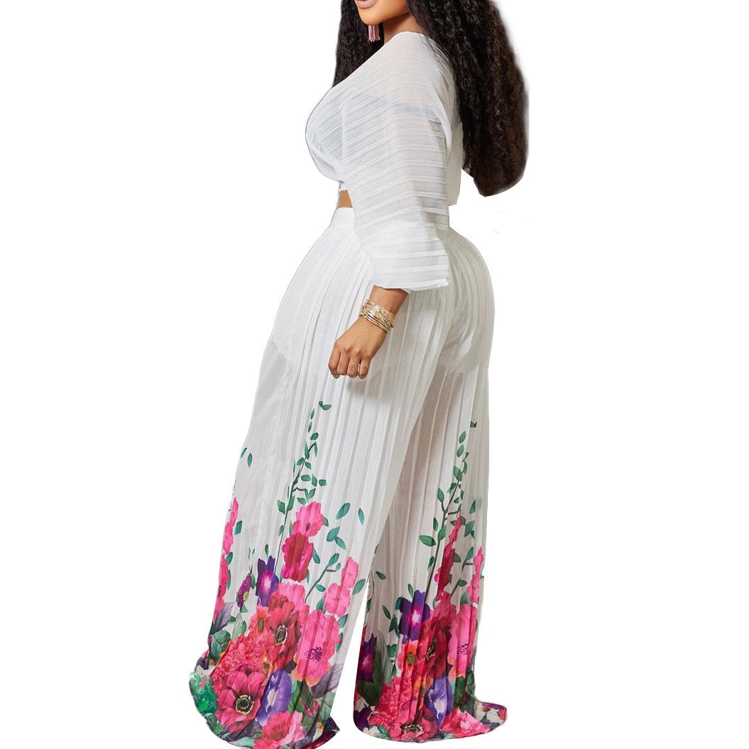 Chiffon Pleated Crop Tops & Long Trousers Printed Outfits