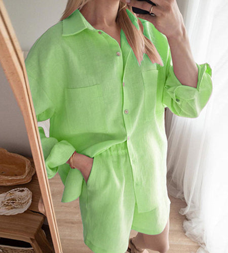 Turn-down Collar Two Piece Set Cotton Button Tops+Shorts Outfits