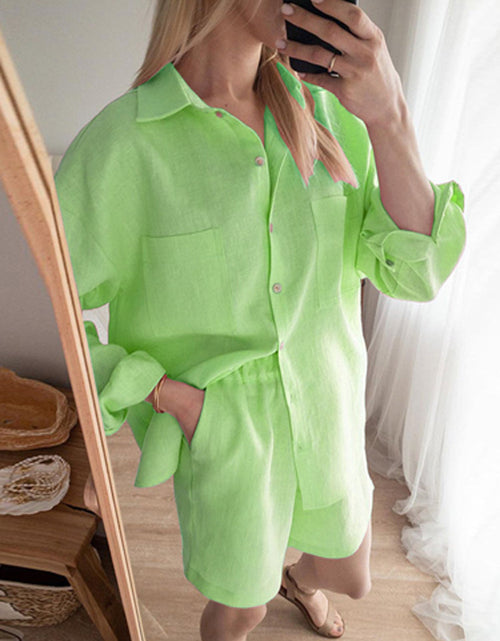 Load image into Gallery viewer, Turn-down Collar Two Piece Set Cotton Button Tops+Shorts Outfits
