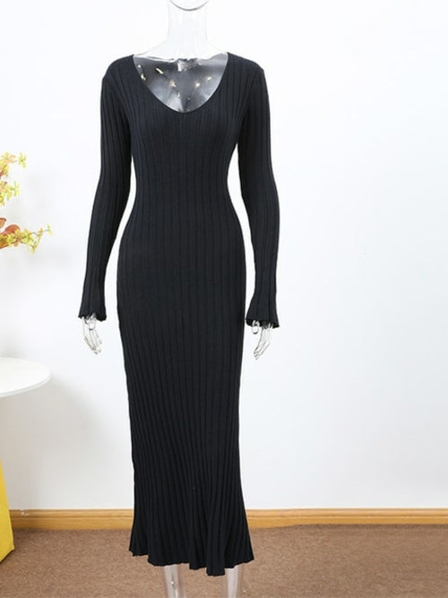 Women Knitted Long Dress Autumn Winter 2022 Elegant Pleated A line