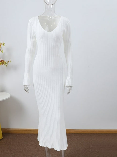 Women Knitted Long Dress Autumn Winter 2022 Elegant Pleated A line