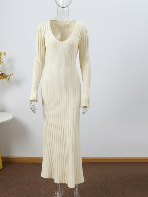 Women Knitted Long Dress Autumn Winter 2022 Elegant Pleated A line