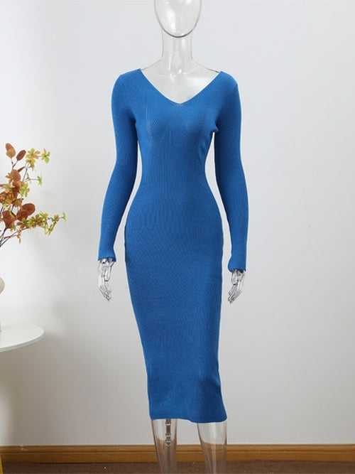 Women Knitted Long Dress Autumn Winter 2022 Elegant Pleated A line