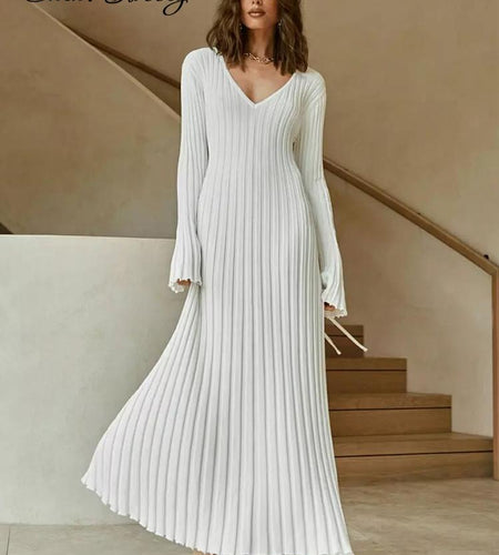 Women Knitted Long Dress Autumn Winter 2022 Elegant Pleated A line