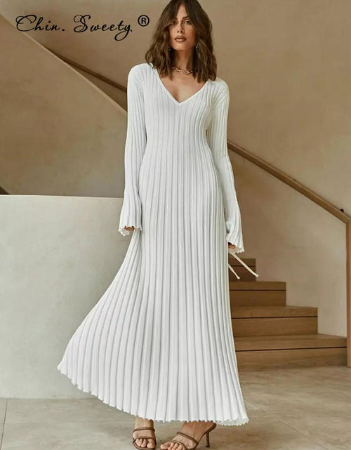 Load image into Gallery viewer, Women Knitted Long Dress Autumn Winter 2022 Elegant Pleated A line
