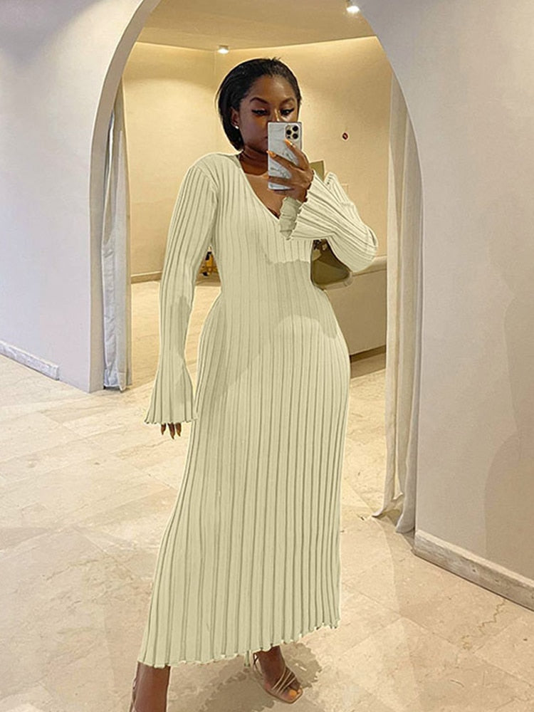 Women Knitted Long Dress Autumn Winter 2022 Elegant Pleated A line